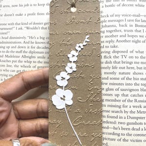 Phalaenopsis Orchid flowers on Brown Cursive Writing Embossed Bookmark with Jute Cord