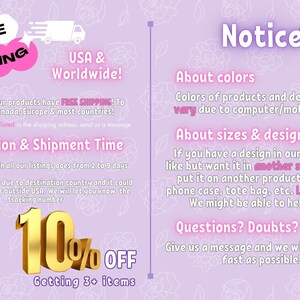 K&ouml;nnte beinhalten: Eine rosa und wei&szlig;e Grafik mit dem Text "KOSTENLOSER VERSAND" und "USA & Weltweit!" Die Grafik enth&auml;lt auch Informationen &uuml;ber Produktions- und Versandzeiten sowie Rabatte f&uuml;r den Kauf mehrerer Artikel. Der Text "Hinweis" ist ebenfalls enthalten mit Informationen &uuml;ber Farben, Gr&ouml;&szlig;en und Designs.