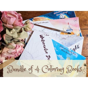 Bundle of 4(Four) Watercolor Delight Coloring Books made on 100% COTTON  Artist Grade paper, 12 Pages each + Beginner&#39;s Guide To Watercolors