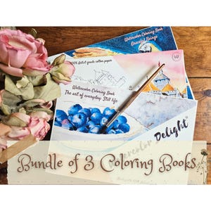 Bundle of 3 (Three) Watercolor Delight Coloring Books made on 100% Professional COTTON paper,12 pages each + Beginner&#39;s Guide To Watercolors