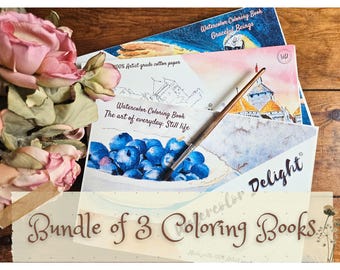 Watercolor Coloring Book Bundle of Three - 100% Cotton Paper, Beginner's Guide