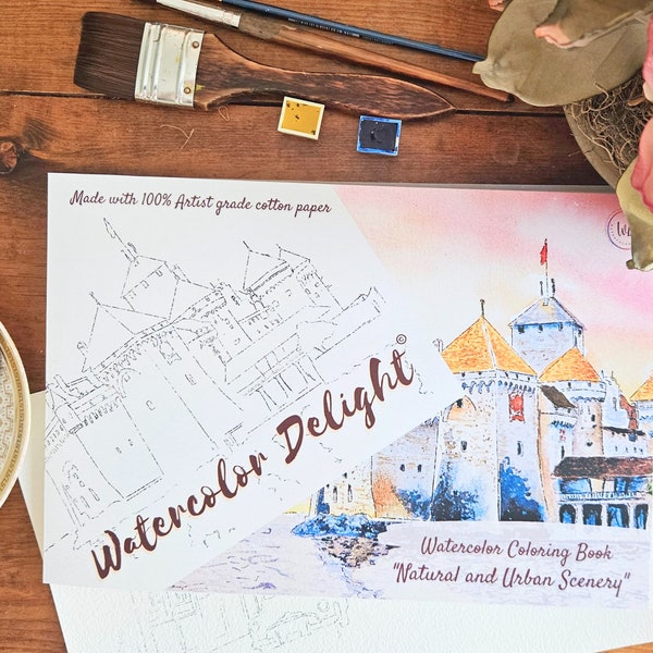 Coloring Book "Watercolor Delight" , 12 pages, 100% Artist grade Cotton Paper "Natural And Urban Scenery "(Landscapes), for Watercolors