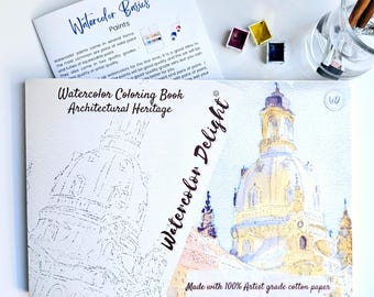 Watercolor Coloring Book: &quot;Watercolor Delight&quot;  Architecture | 100% Artist-Grade Cotton Paper | Beginner-Friendly Workbook + Beginners Guide