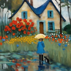 Op de afbeelding: Een schilderij van een klein geel huis met een blauw dak, omringd door rode klaprozen en andere bloemen. Een persoon met een paraplu en een zwarte kat lopen voor het huis.