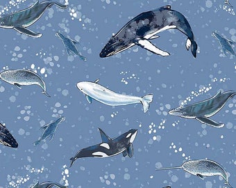 May include: A seamless pattern featuring various whales and other sea creatures on a light blue background. The pattern includes humpback whales, orcas, narwhals, and dolphins. The whales are depicted in a variety of poses, swimming and leaping through the water. The background is dotted with white spots, creating a sense of movement and depth.