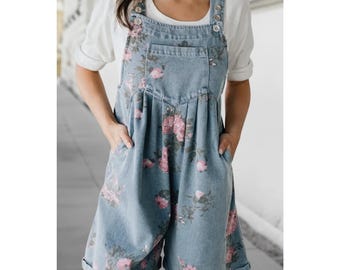 Losse denim romper met bloemenprint - vintage stijl