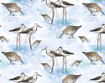 May include: A watercolor painting of a repeating pattern of black and white stilt birds and brown shorebirds on a blue and white background.
