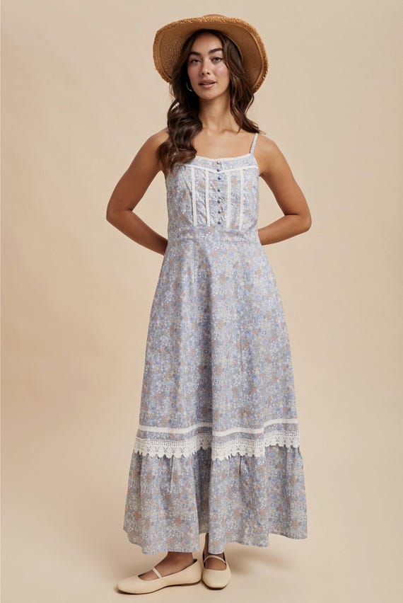 【24時間限定】Lace Trimmed Floral Dress Floral V-Neck Lace-Trim Midi Dress