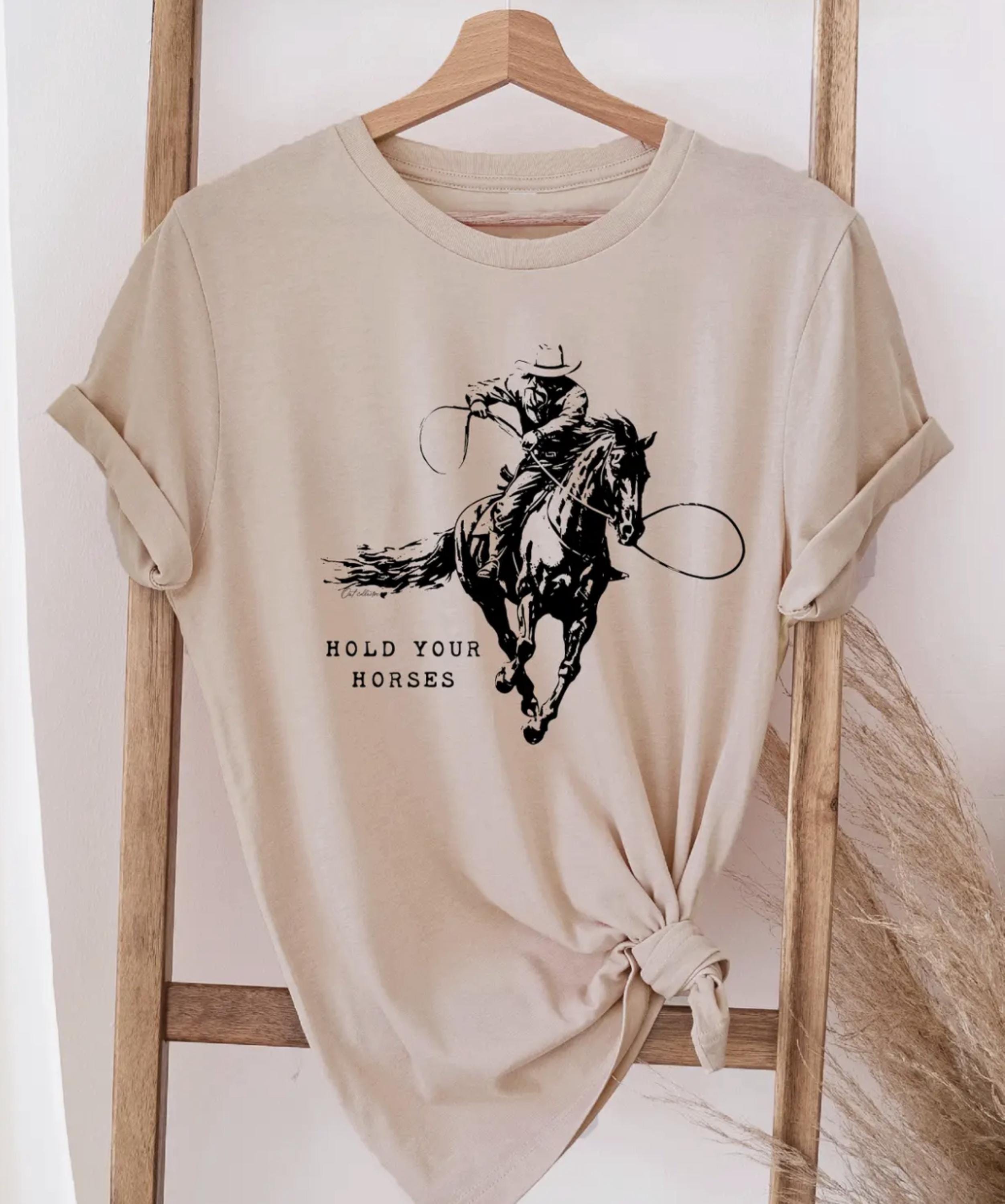 Hold Your Horses Graphic T-shirt (tan Color) - Vintage Style - Etsy