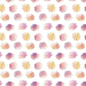 May include: A repeating pattern of watercolor seashells in shades of pink, peach, yellow, and purple on a white background. The shells are arranged in a grid-like formation, creating a visually appealing and delicate design. This pattern is suitable for various applications.
