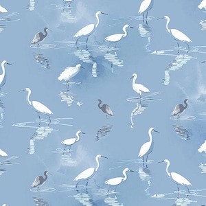 May include: A seamless pattern featuring white egrets standing in a blue body of water. The egrets are depicted in a stylized, hand-drawn style, with their long legs and necks extended. The water is a light blue color, with subtle watercolor washes.