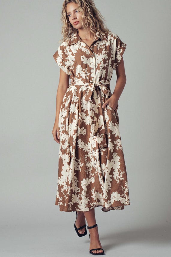 floral belted shirt dress Ivory Cream Floral Midi Dress | Belted Shirt