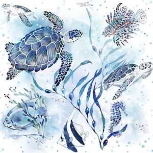 May include: A watercolor illustration of a blue and white underwater scene with sea turtles, a seahorse, a lionfish, and various fish swimming among seaweed.