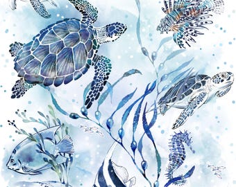 Blue Turtles - Little Ocean Blue Studio - Fabric By The Yard - 100% Cotton - CD1298