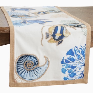 Puede incluir: Un camino de mesa blanco con ribete de arpillera presenta un pez azul y amarillo, una concha azul y algas azules.