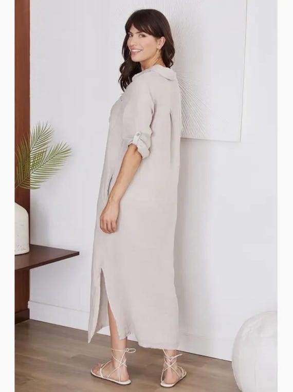 chinese dress ladies Beige linen shirt dress with mother of pearl buttons and pockets