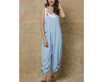 100% Linen Jumpsuit (Sky Blue color) - Vintage Style