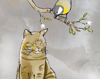 Catnap and Watchful Bird - Original Art Prints by Thomas Little