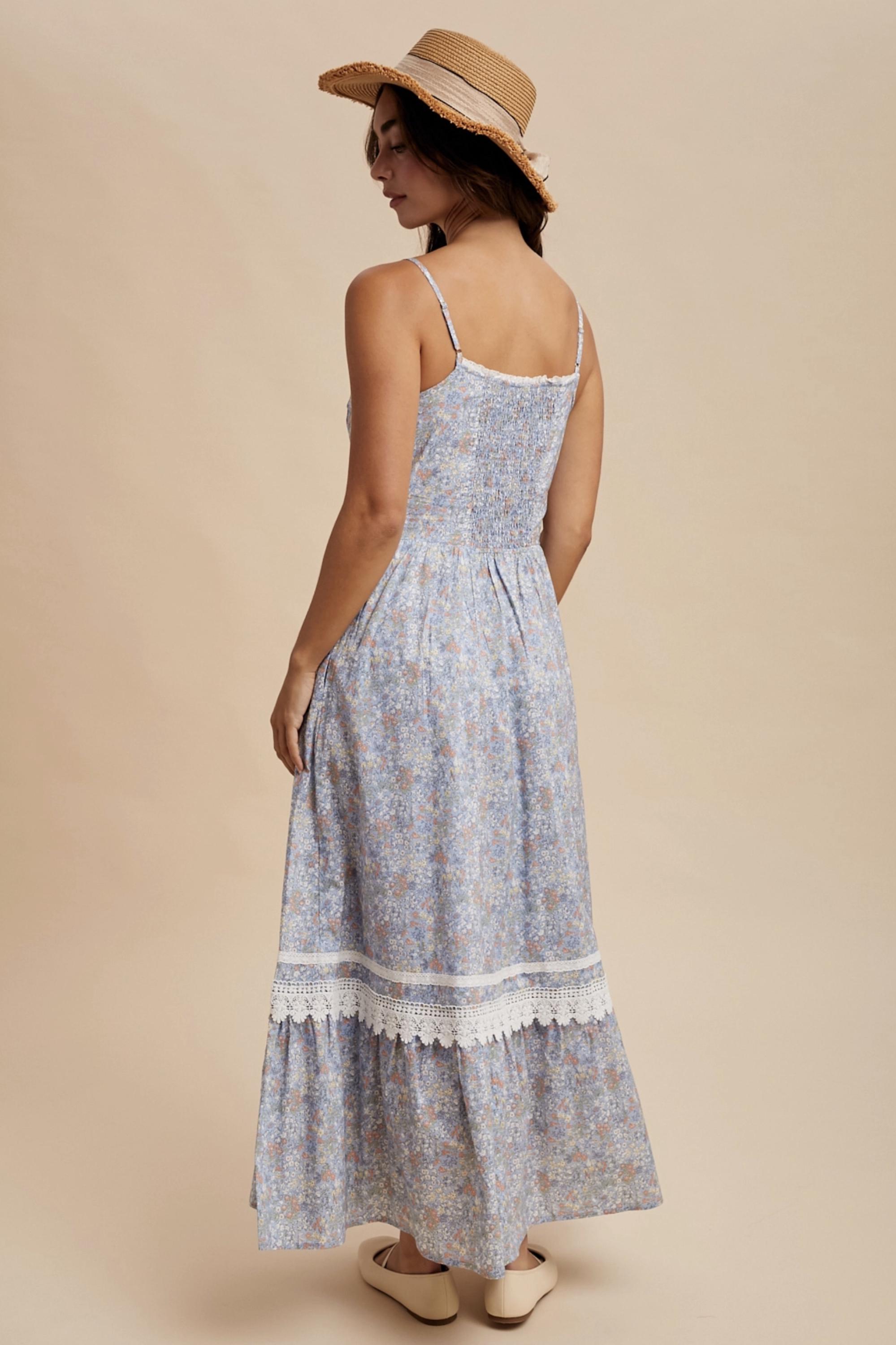 Cotton Floral Lace Trim Maxi Dress - Dusty Blue - by in Loom