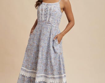 ワンピース Lace Trimmed Floral Dress powder blue M Cotton Floral Lace Trim Maxi Dress - Dusty Blue - by in Loom