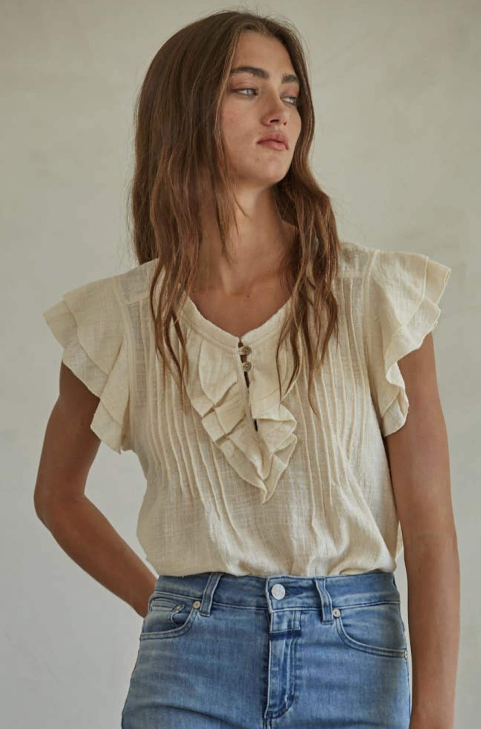 Woven Cotton Linen Button V-neck Short Sleeve Top (cream