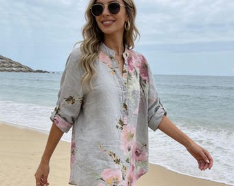 Blusa de lino estampada (color gris claro) - Estilo vintage