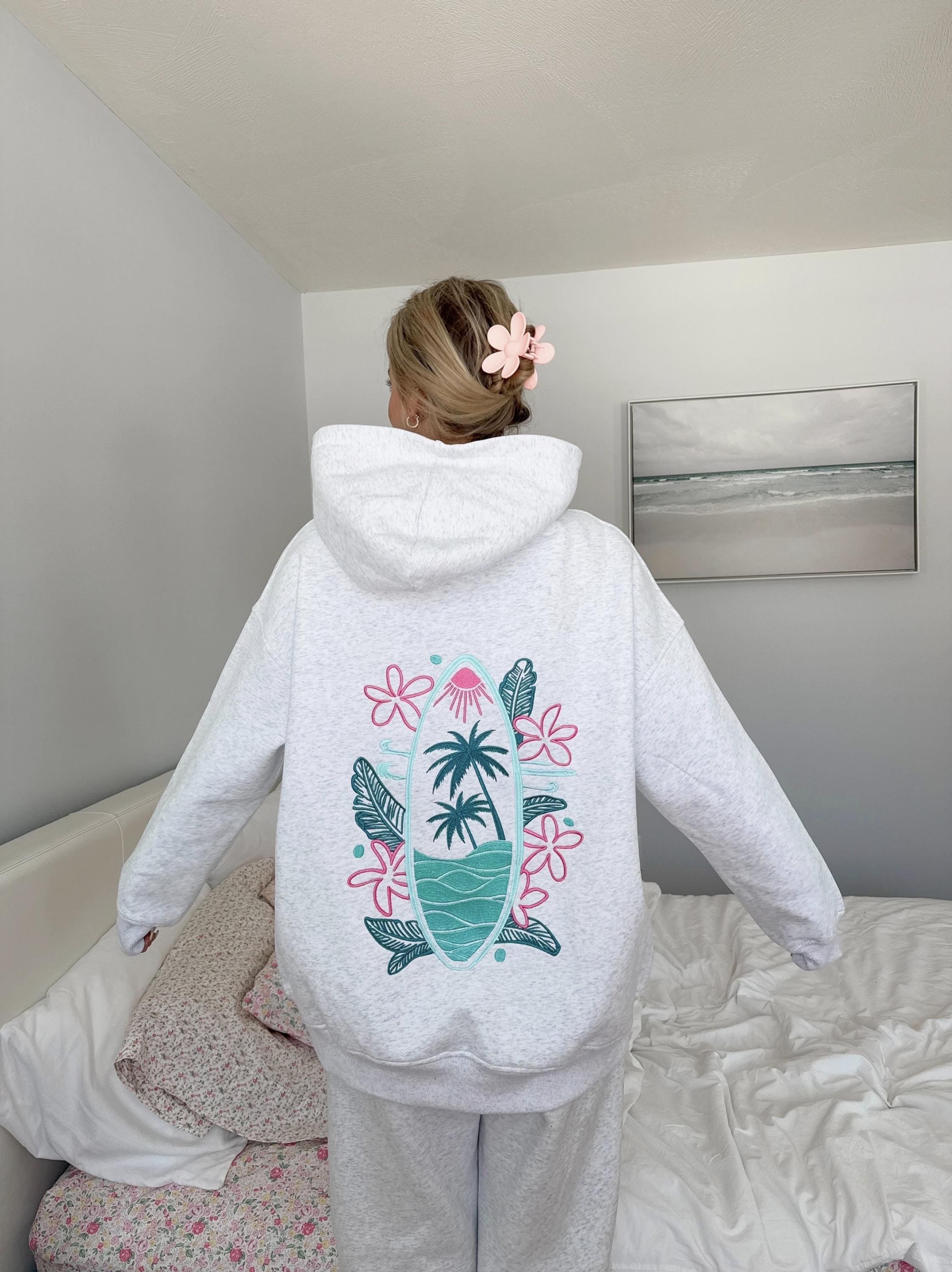 Pearl Grey Surfing the Waves Embroider Hoodie - by Sunkissed