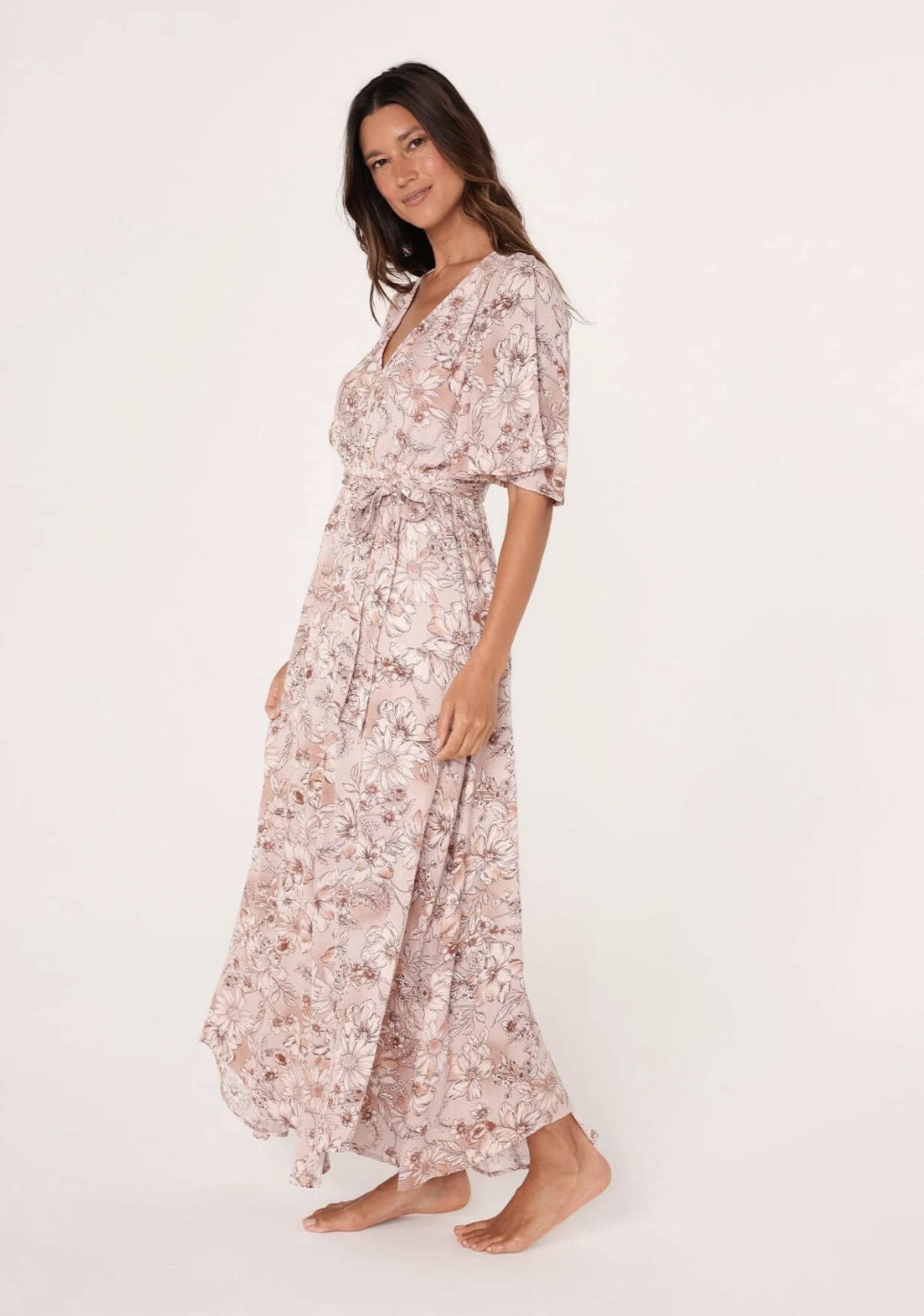 Floral Flutter Sleeve Asymmetrical Maxi Dress - by Lovestitch