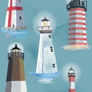 Puede incluir: Cinco faros diferentes con varios colores y diseños. Los faros son todos blancos con acentos rojos y negros. Todos están de pie sobre un fondo azul.