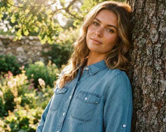 May include: A light blue denim shirt featuring a classic collar, a full-length button-down front, and two chest pockets with buttoned flaps. The long sleeves include buttoned cuffs and tabs, providing a structured look with a soft, washed texture.