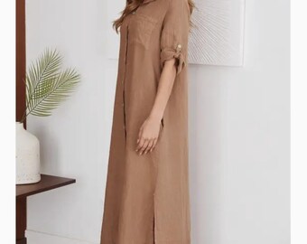 Short Sleeve Button Down Linen Long Dress - by Venti6 (Camel Color)