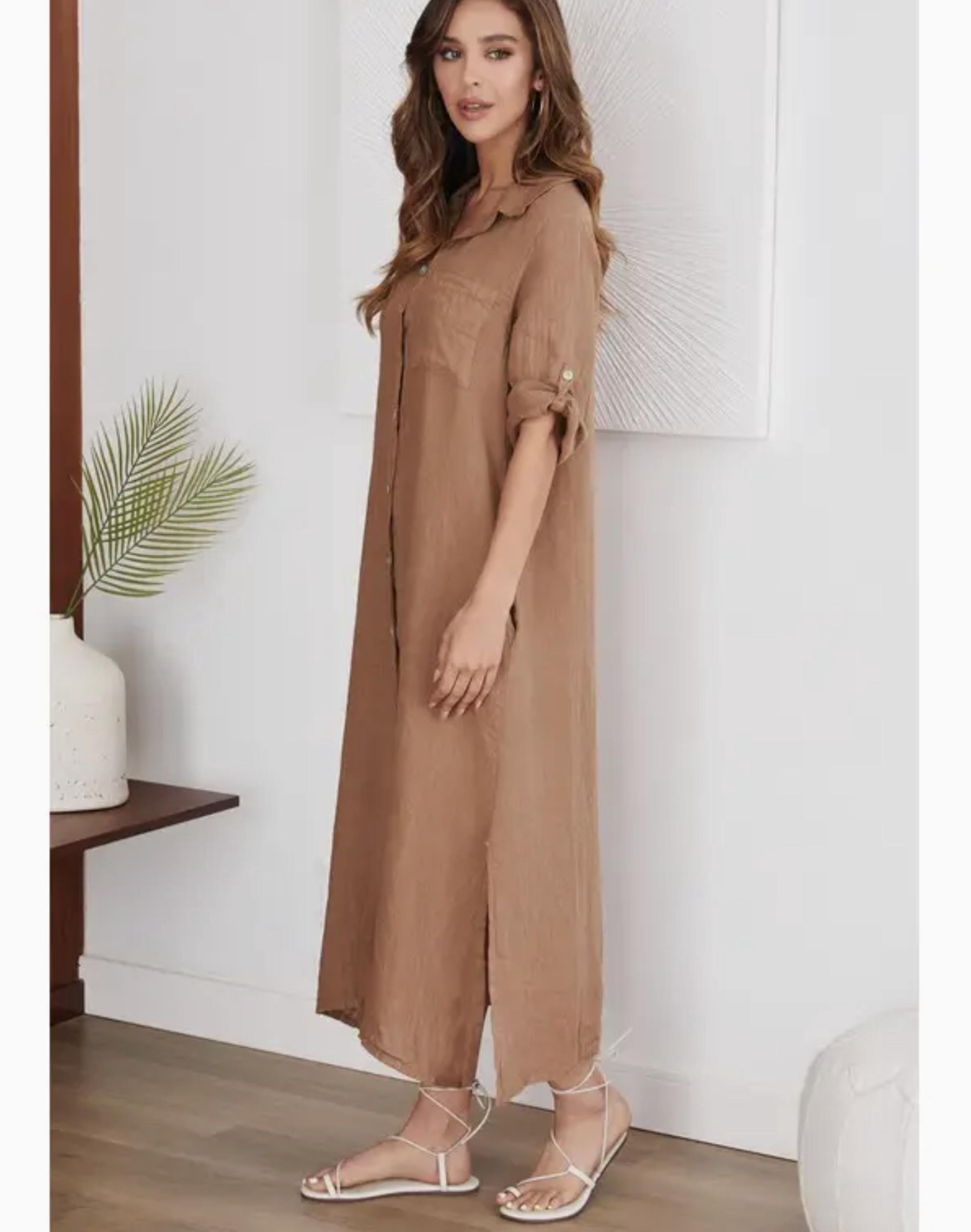 Short Sleeve Button Down Linen Long Dress - by Venti6® (camel