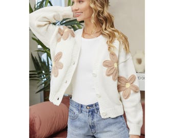 Floral Patch Sweater Cardigan - Ivory V-Neck Knit