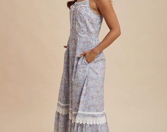 Cotton Floral Lace Trim Maxi Dress - Dusty Blue - by in Loom - Etsy