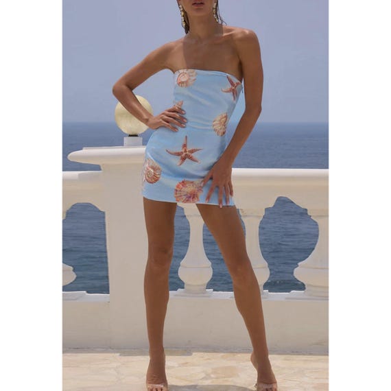 blue dress with starfish Strapless Starfish Print Dress in Blue color