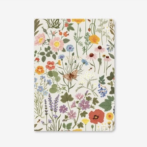 May include: A notebook with a cream-colored background, covered in a colorful floral pattern. The design includes various flowers, butterflies, and the word "NOTES" in the center. The flowers are in shades of pink, yellow, orange, and purple.