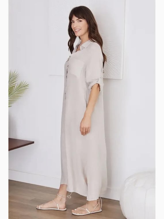 Short Sleeve Button Down Linen Long Dress - by Venti6 (beige Color) - Etsy  New Zealand