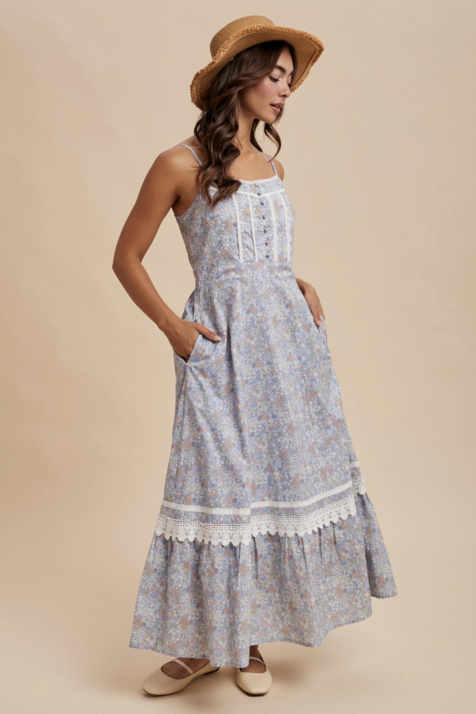 【24時間限定】Lace Trimmed Floral Dress Cotton Floral Lace Trim Maxi Dress - Dusty Blue - by in Loom