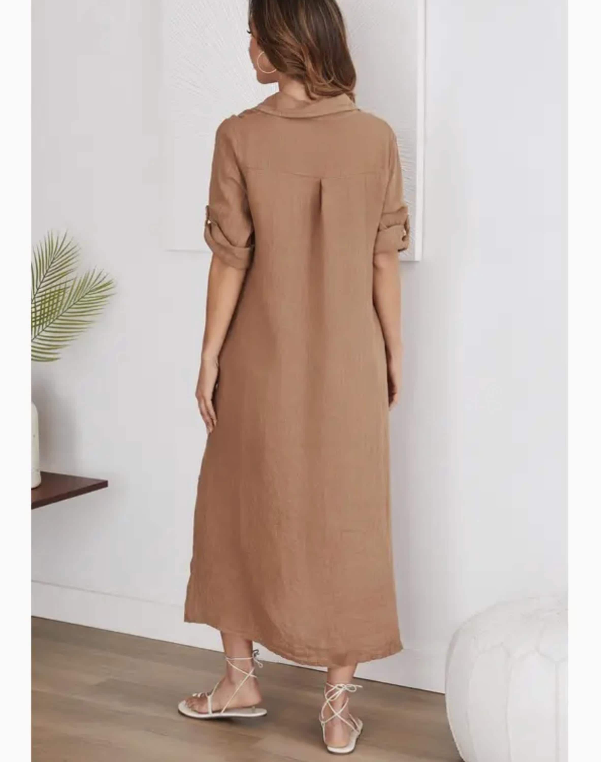 Short Sleeve Button Down Linen Long Dress - by Venti6 (Camel Color) Short Sleeve Button Down Linen Long Dress - by Venti6 (Camel Color)