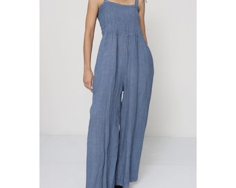 100% linnen jumpsuit (jeansblauwe kleur) - vintagestijl