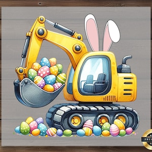 May include: A yellow toy excavator with bunny ears is filled with colorful Easter eggs. The excavator is on a gray background with more Easter eggs scattered around it.
