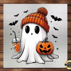 May include: A cartoon ghost wearing an orange knit cap and holding a pumpkin and a drink. Black bats and stars are scattered around the ghost. The ghost has large black eyes and a friendly expression. The pumpkin has a carved jack-o'-lantern face.
