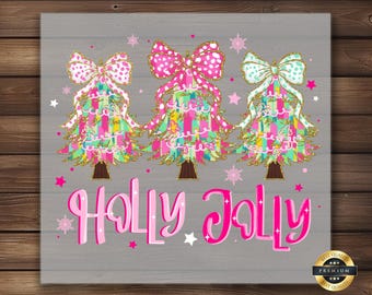 Holly Jolly Christmas DTF Transfer, Colorful Tree and Bow Design, Perfect for Holiday Apparel, Easy DIY Iron-On, Ready to Press