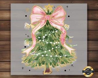 Pink Bow Christmas Tree DTF Transfer, Beautiful Iron-On Design with Elegant Gold Details, Perfect for DIY Holiday Apparel & Christmas Gifts