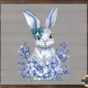 Blue Floral Bunny DTF Transfer: Elegant Watercolor Rabbit