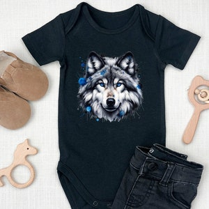 May include: Black baby onesie with a watercolor-style wolf head graphic in shades of gray and blue.