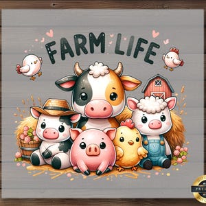 May include: A charming illustration with the text "FARM LIFE" features a cow, pig, sheep, and chicken. The cow wears a hat, and the sheep wears overalls. Two chicks and a barn are also included in the design.