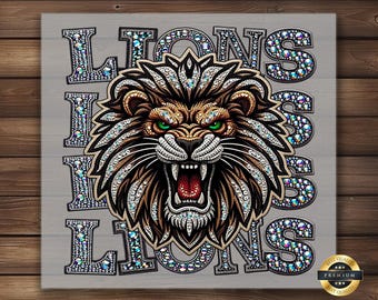 Lions DTF Transfer: Fierce Mascot, Studded Text - School Spirit