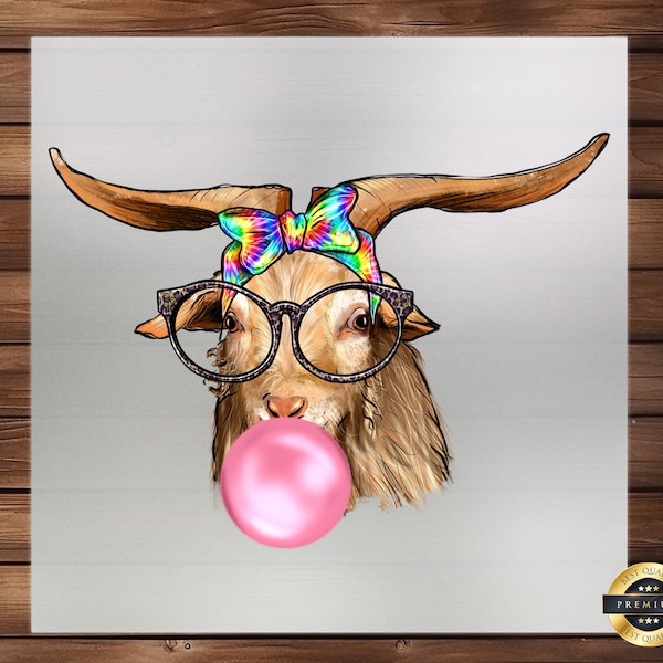 Funky Goat DTF Transfer: Cool Goat with Glasses, Tie-Dye Bandana & Bubblegum, Hipster Goat Fashion Decal, Whimsical Goat Applique Trendy DIY