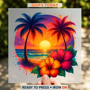 Hibiscus Sunset DTF Transfer, Tropical Beach Vacation Shirt